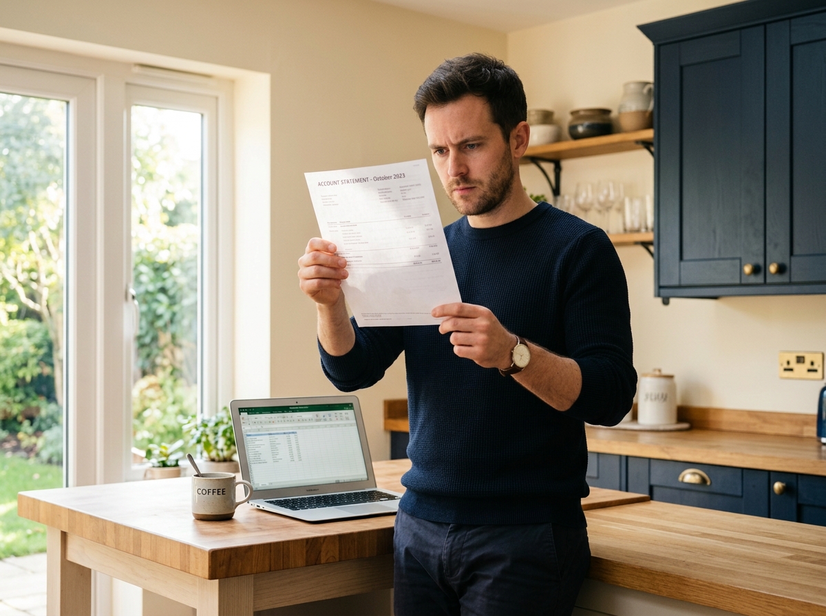 Homeowner reviewing a mortgage statement in a bright kitchen