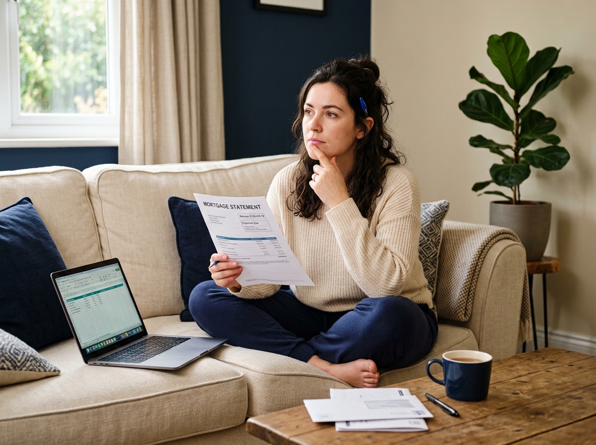 Woman reviewing a mortgage statement on a sofa