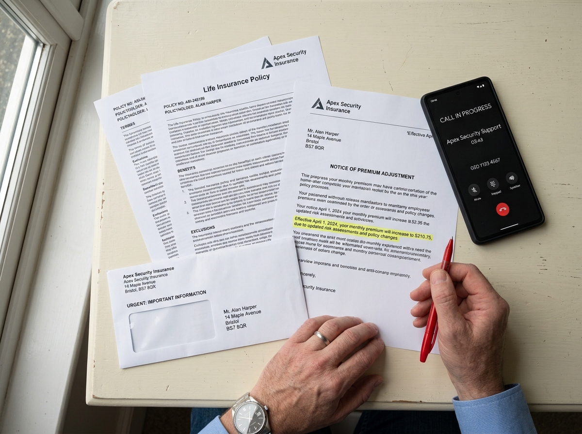 Insurance paperwork and a live call on a phone