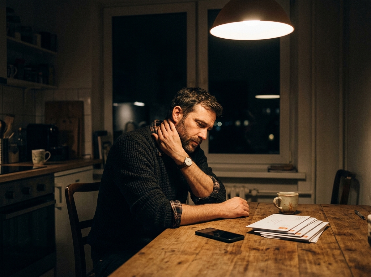 Homeowner reviewing mortgage mail at a kitchen table at night