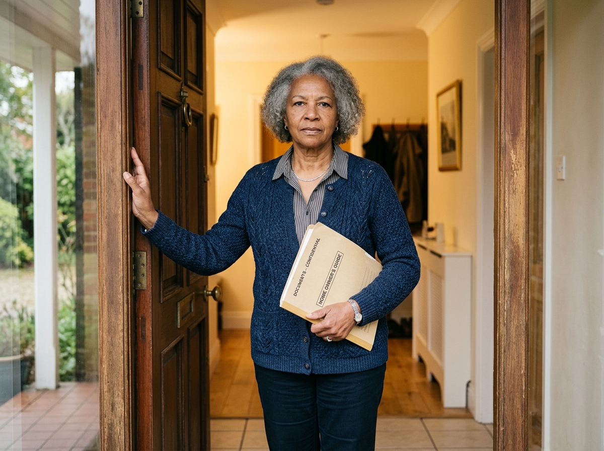Older homeowner standing firmly in her doorway