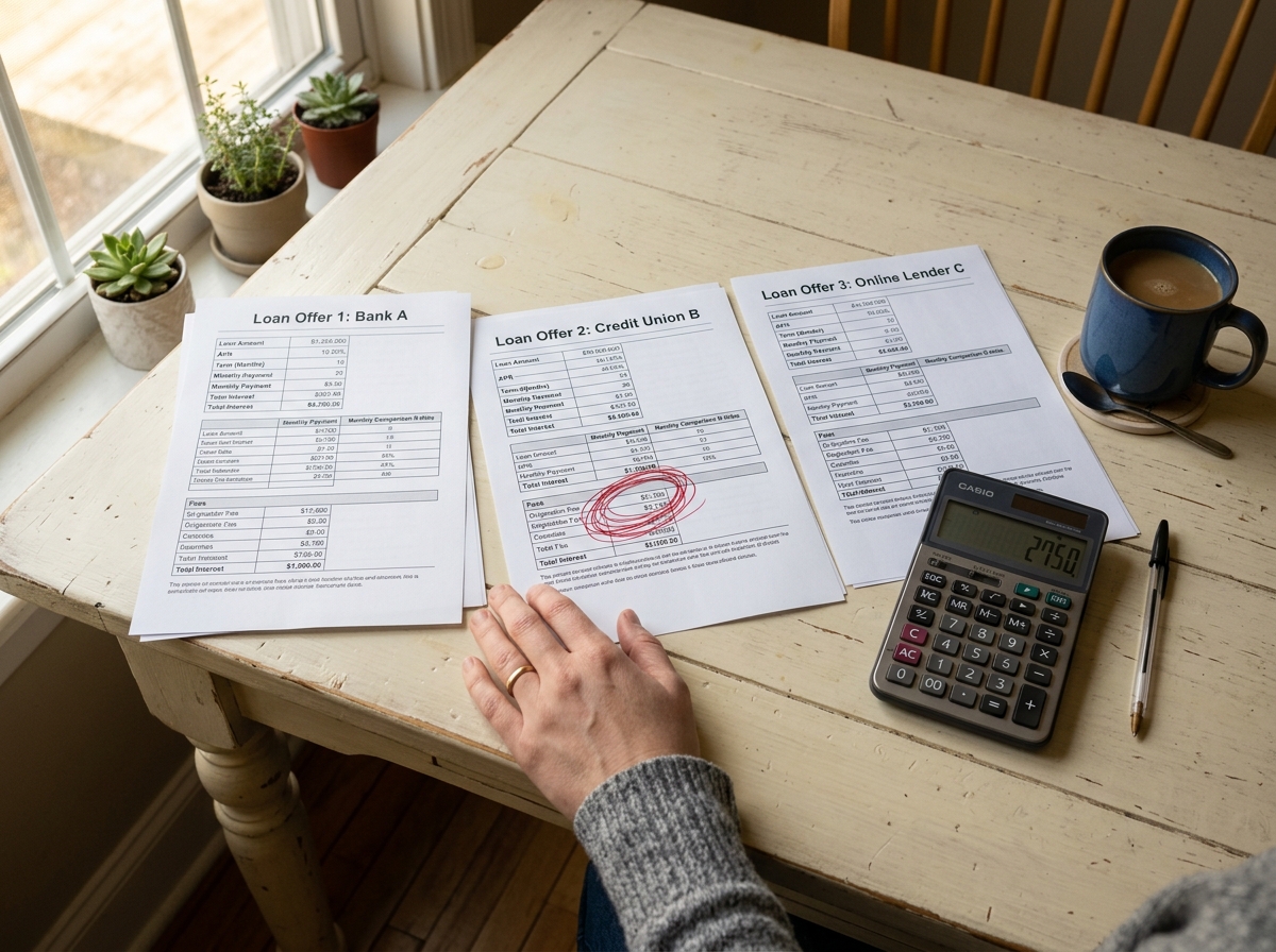 Three loan-comparison forms on a table