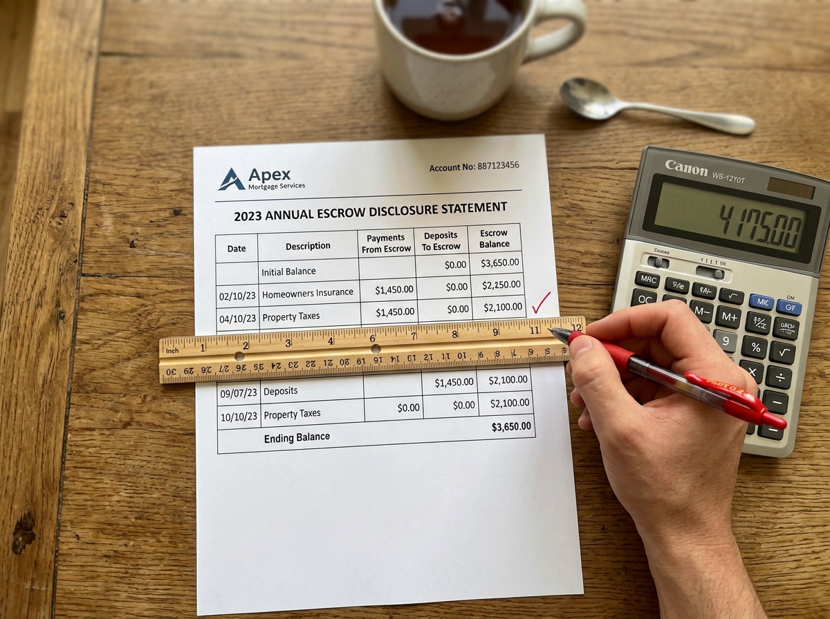 Annual escrow statement with a ruler and calculator