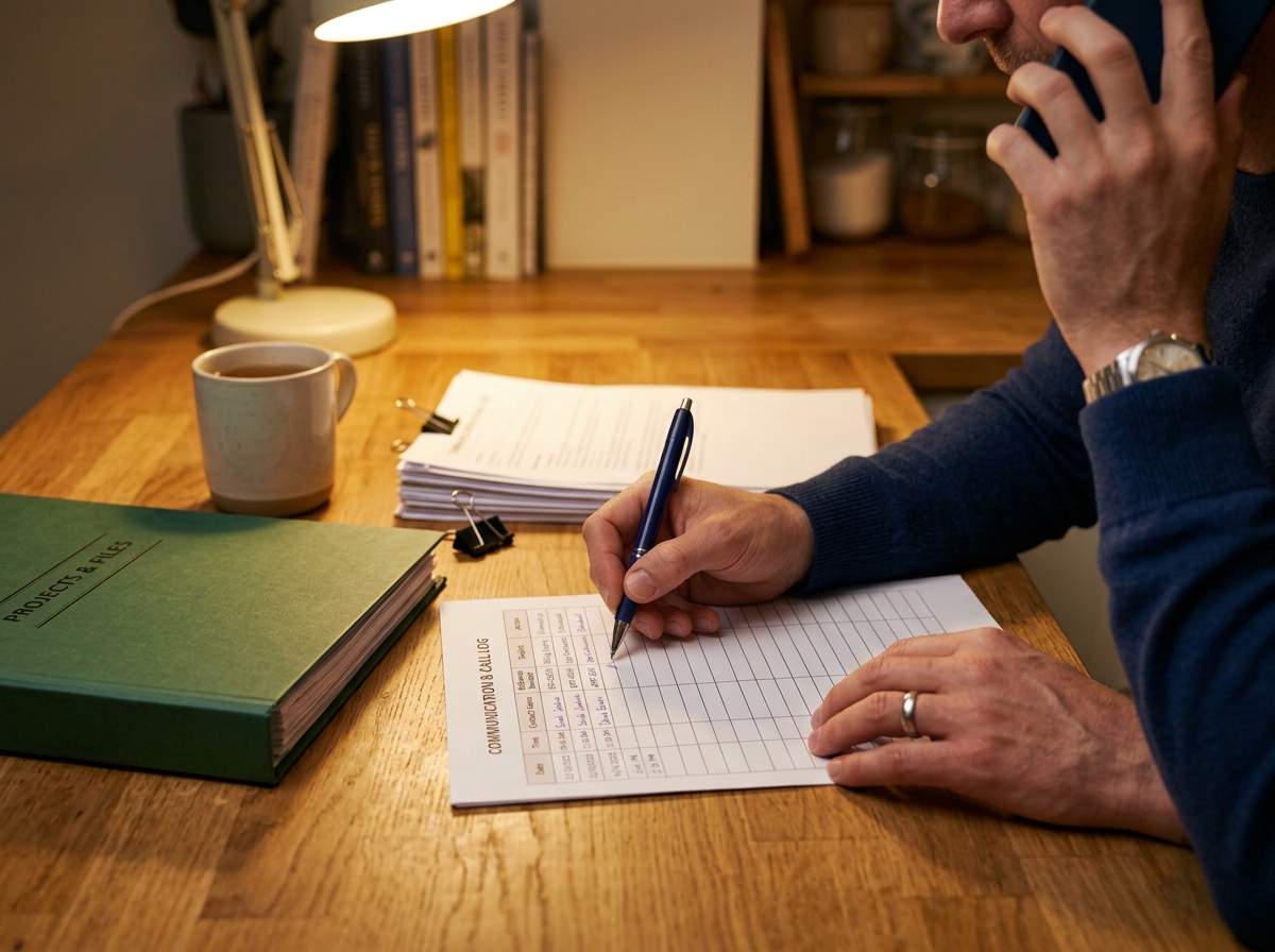 Hands holding a phone and mortgage call log